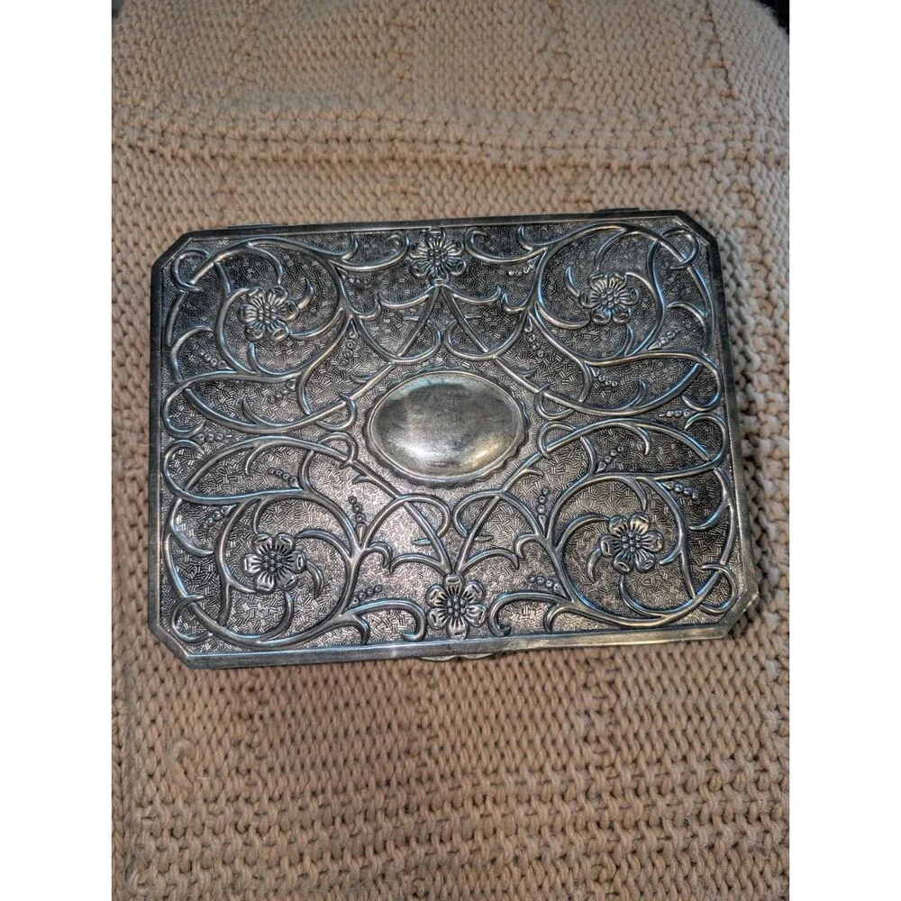 Vtg GODINGER Silver Plated Jewelry Box  Ornate Floral Embossed Felt Lining 9.5